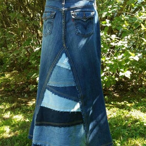 DELAROSA Custom Jean Skirt Francesca Pieced and Patched Frayed Look ...