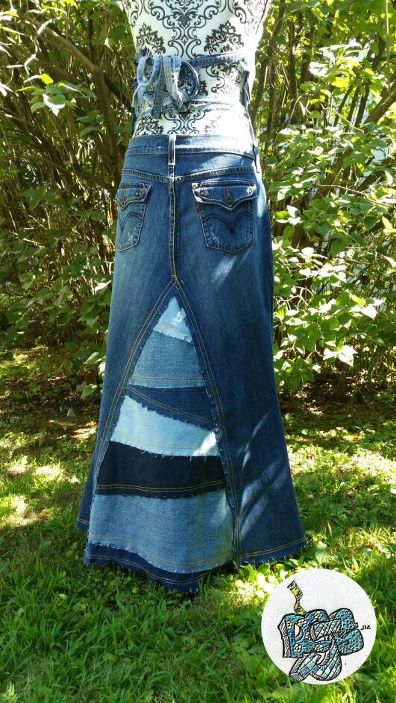 DELAROSA custom jean skirt Francesca Pieced and patched frayed look with sunflower Applique made to your size and length image 5