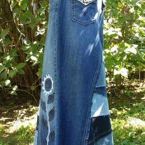 DELAROSA custom jean skirt Francesca Pieced and patched frayed look with sunflower Applique made to your size and length image 4