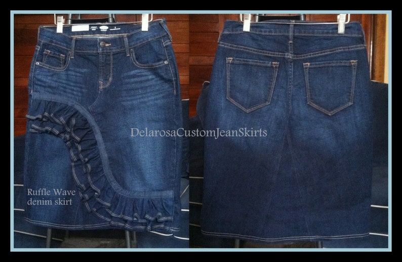 DELAROSA Jean Skirt Custom Order to Your size Front Ruffle Wave Denim Skirt size 0 2 4 6 8 10 12 14 16 18 20 22 24 26