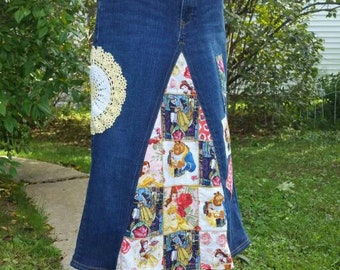 DELAROSA Beauty and the Beast inspird Hippie patchwork Long Jean Skirt Custom Order to Your Size 0-2-4-6-8-10-12-14-16-18-20-22-24-26