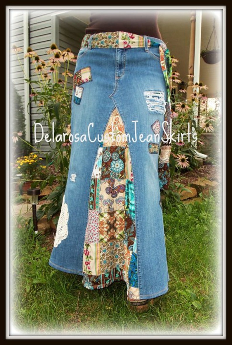 DELAROSA Classic Hippie patchwork Long Jean Skirt made to your size and length image 8