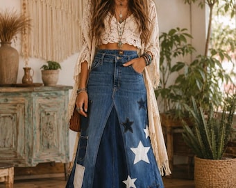 Long Jean skirt Hippie style Stars Peace and Love appliques Two Tone custom to your size extra Pockets