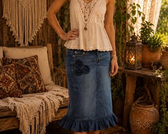 DELAROSA Beautiful Bottom Ruffle modest denim skirt w/three flower detail Custom size 2 4 6 8 10 12 14 16 18 20 22 24 26