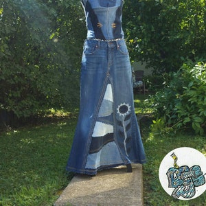 DELAROSA custom jean skirt Francesca Pieced and patched frayed look with sunflower Applique made to your size and length image 2