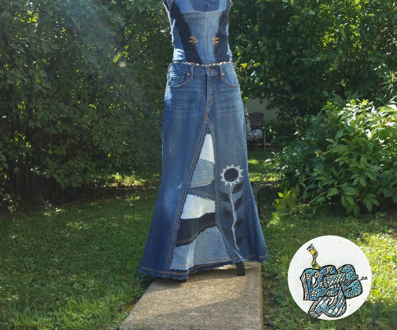 DELAROSA custom jean skirt Francesca Pieced and patched frayed look with sunflower Applique made to your size and length image 2