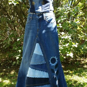 DELAROSA custom jean skirt Francesca Pieced and patched frayed look with sunflower Applique made to your size and length image 3