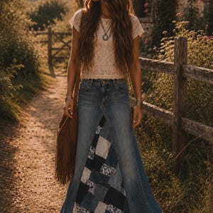 DELAROSA Dorothy's Flower Patch denim skirt made from jeans to your size and length