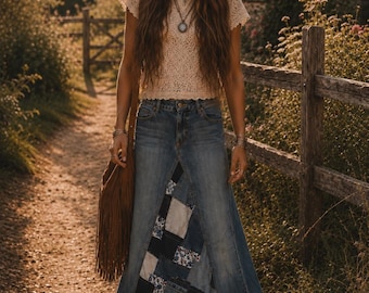 DELAROSA Dorothy's Flower Patch denim skirt made from jeans to your size and length