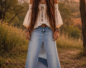 DELAROSA Long Jean Skirt 'Pieced and Patchwork' Custom made to your size and length
