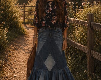 Fit and Flair Mermaid Style Diamond patchwork denim skirt 0-2-4-6-8-10-12-14-16-18-20-22-24-26