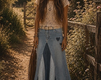 Delarosa Custom Classic Striped Long jean skirt with added flower or heart detail to your size 1-2-4-6-8-10-12-14-16-18-20-22-24-26