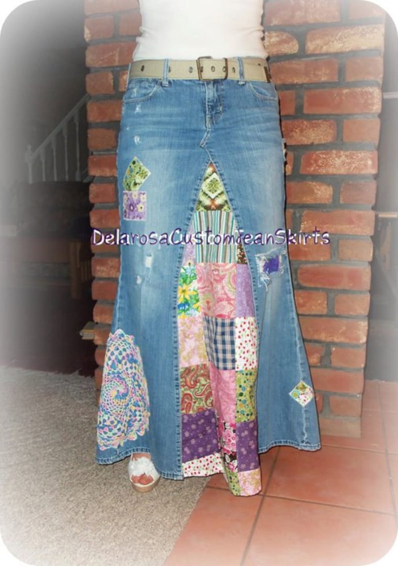 DELAROSA Classic Hippie patchwork Long Jean Skirt made to your size and length image 6