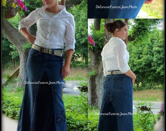 DELAROSA Custom Order two tone Long jean skirt with added flower details made to your size and length