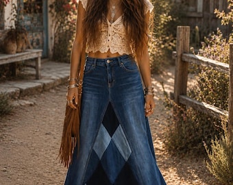 DELAROSA Diamond Patchwork Long Jean Skirt Custom Your Size  choose your size and length