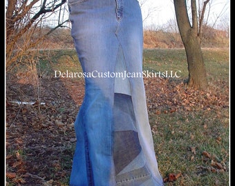 DELAROSA Long Jean Skirt 'Pieced and Patchwork' Custom made to your size and length