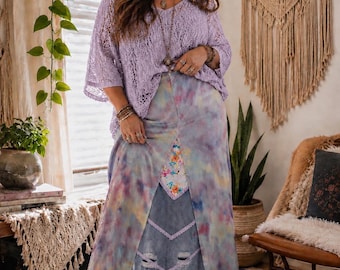 Tie Dye Denim Skirt: Patchwork Lace Boho Jean Skirt, Size 16