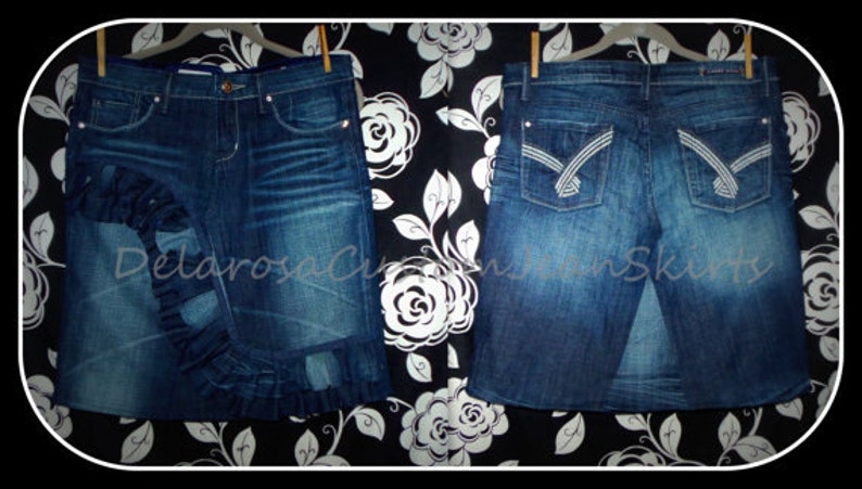 DELAROSA Jean Skirt Custom Order to Your size Front Ruffle Wave Denim Skirt size 0 2 4 6 8 10 12 14 16 18 20 22 24 26