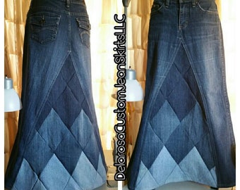 DELAROSA Ombre Diamond Delight Patchwork Long Jean Skirt Custom Your Size  choose your size and length