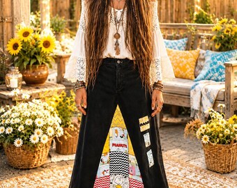 DELAROSA Charlie Brown Peanuts Hippie patchwork Long Jean Skirt Custom to your size and length