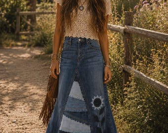 DELAROSA custom jean skirt Francesca Pieced and patched frayed look with sunflower Applique made to your size and length