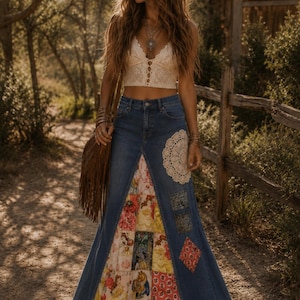 May include: A denim skirt with a patchwork design featuring floral and fairytale imagery. The skirt has a flared silhouette and is paired with a cream-colored lace crop top. A brown fringed bag hangs from the shoulder.
