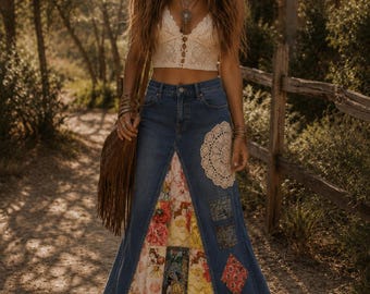 DELAROSA Beauty and the Beast inspird Hippie patchwork Long Jean Skirt Custom Order to Your Size 0-2-4-6-8-10-12-14-16-18-20-22-24-26