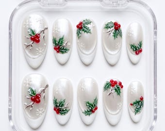 Uñas postizas White Holly, uñas pintadas a mano con diseño de bayas, uñas postizas Snowflake, uñas de perlas hechas a mano, regalos para ella.