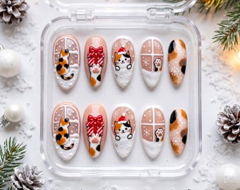 Calico Cat Nails, Cat Nails, Gift for Calico Cat lover , Cute Nails, Almond Press on Nails, Handmade Winter Nails, Birthday Gifts for Her
