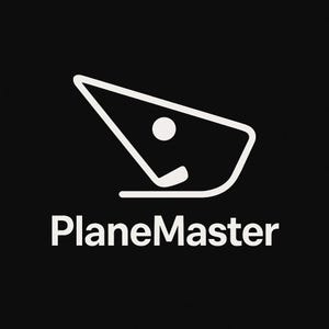 May include: White logo on a black background. The logo features a golf club and ball within a stylized shape. The text "PlaneMaster" is below the logo in a sans-serif font.