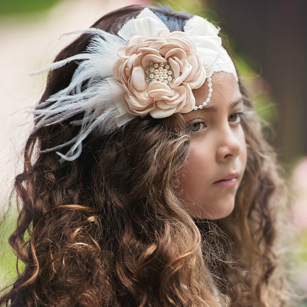 Ivory  vintage rosette baby headband, girl couture headband, lace baby vintage headband, newborn headband,baby headband,Flower girl headband