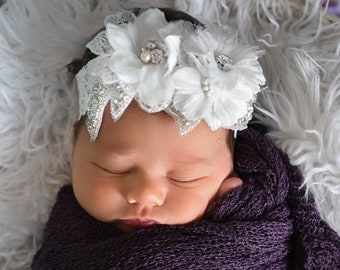 White baby headband, Christening headband, bridal headband, Baptism headband, flower girl headband, crystal headband, rhinestone headband.