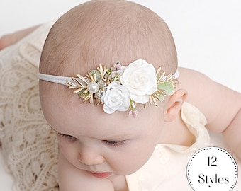 Baby Girl Headband, Newborn Baby Headband, Baby Flower Crown, Christmas Flower Headband, White Christmas Hair Bow, Christening, Baptism, JMC