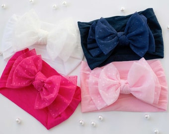 Tulle Big Bow Headbands, One Size Fits all, Newborn, Toddlers and Girls, Bows on Nylon Headband, aby Headband, Baby POLKA DOTS Tulle Bow