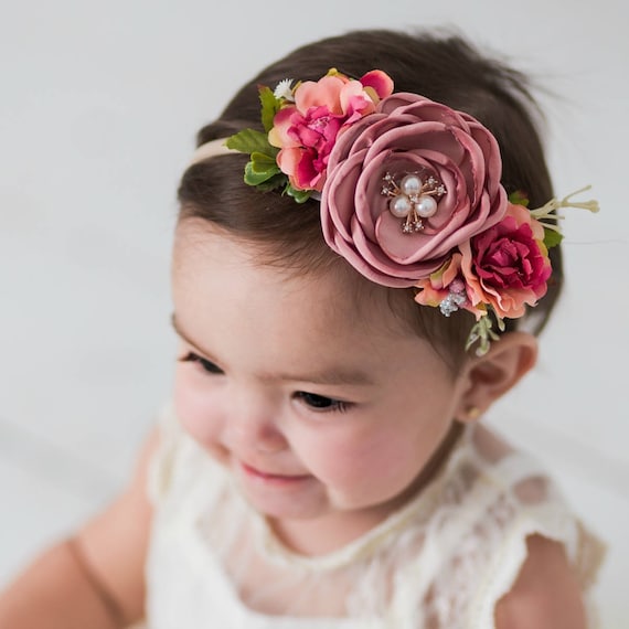 Diademas para bebe con flores de tela en color rosa