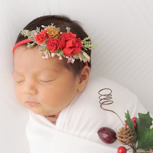 Christmas Baby Headband, Red and Gold Flower Headband, Baby Flower Crown, Newborn Headband Photo Prop, Girls Christmas Hair Bows, Infant MC