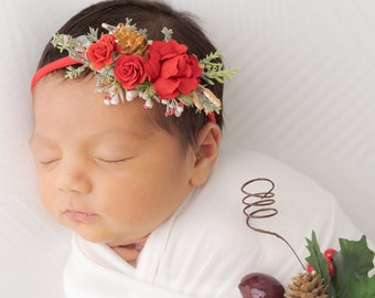 Christmas Baby Headband, Red and Gold Flower Headband, Baby Flower Crown, Newborn Headband Photo Prop, Girls Christmas Hair Bows, Infant MC
