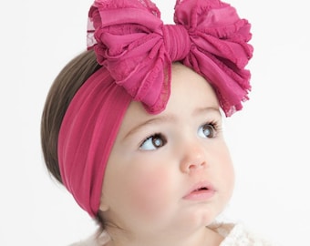 Oversized Ruffle Baby Bow Headband, Soft Nylon Newborn Headwrap