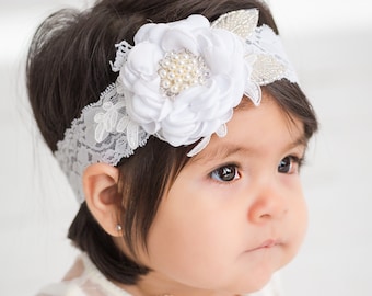 White Baptism Headband, Baptismal Hair Bow, Baby Headband,Newborn Headband, Infant Headband, Christening Baby Headbands, Baby Girl Headband