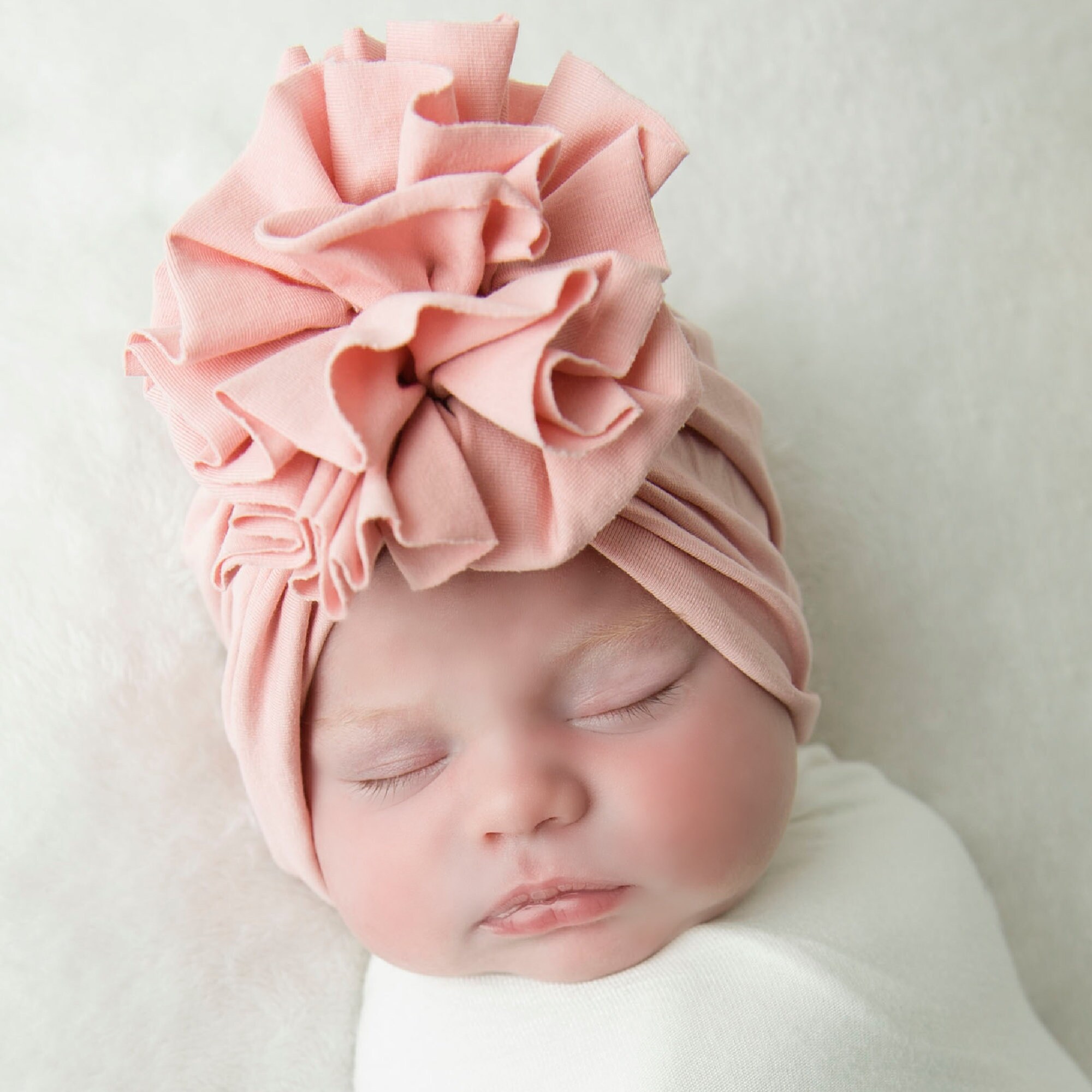 Baby Girl Turban Hat Set With Flower - Newborn Head Wrap And Bib Set In Pink