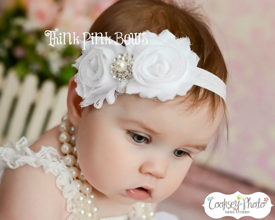 Baby Headband White Headbandchristening Headband Baptism Etsy