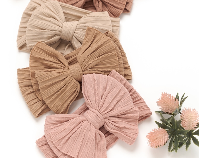 Cable Knit Baby Bow Headband, Oversized Nylon Newborn Headwrap