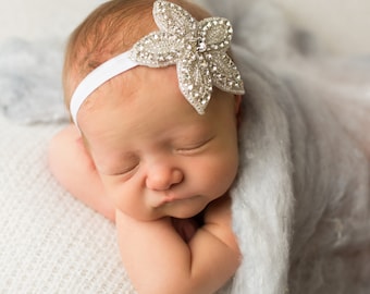 Crystal Flower Baby Headband, Newborn Girl Pearl Hair Bow