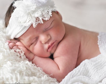 White Baby Headband,Newborn Headband, Christening Headband,Baptism Headband, Baby headbands, White Flower Headband, Baby girl headband.
