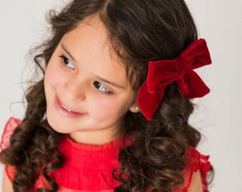 Christmas Velvet Baby Hair Bow, Red Holiday Clip or Headband