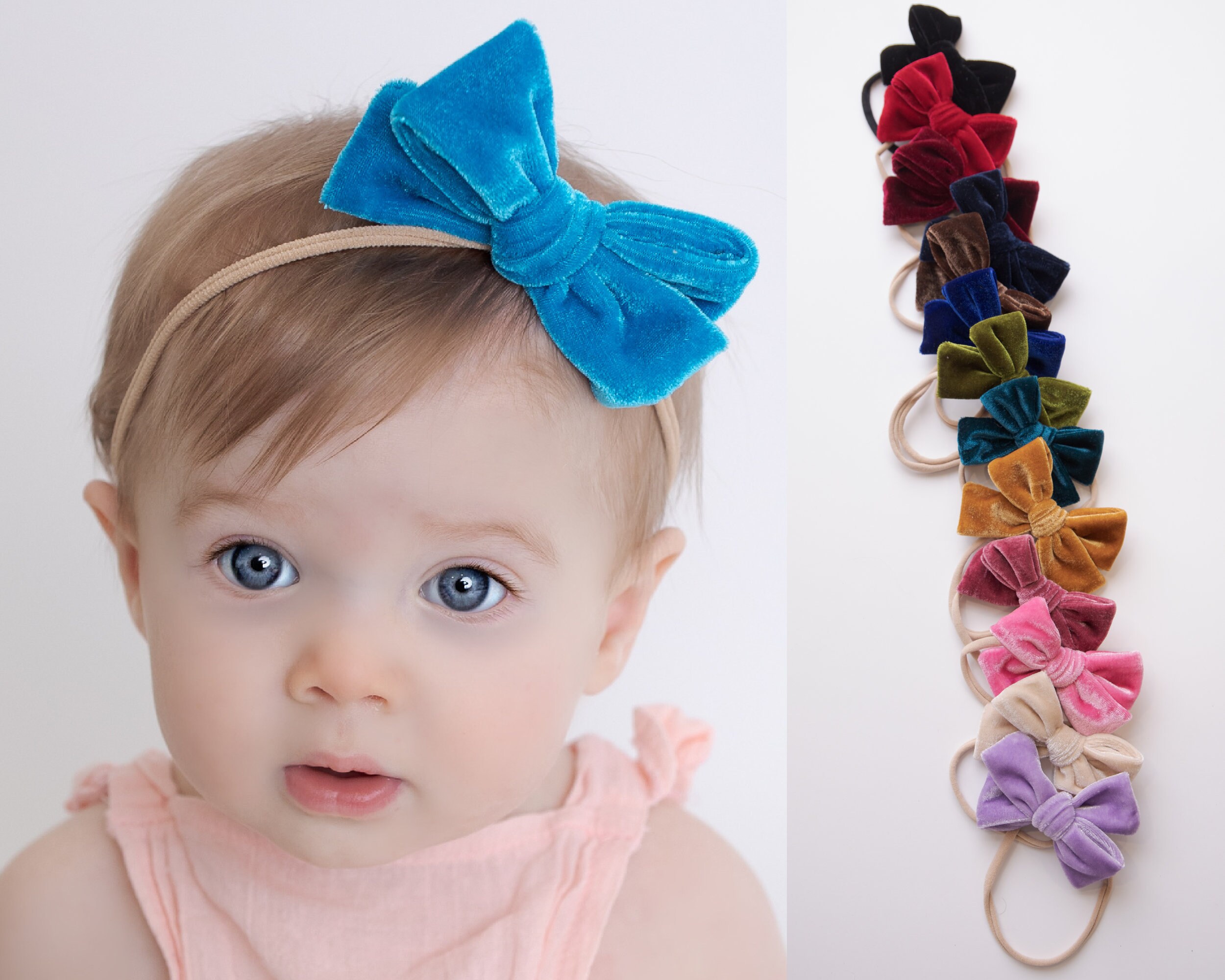 ZURLEFY Velvet Baby Hats With Bows, Stretchy Baby Turban Hats For Baby Girls, Newborn Bonnet