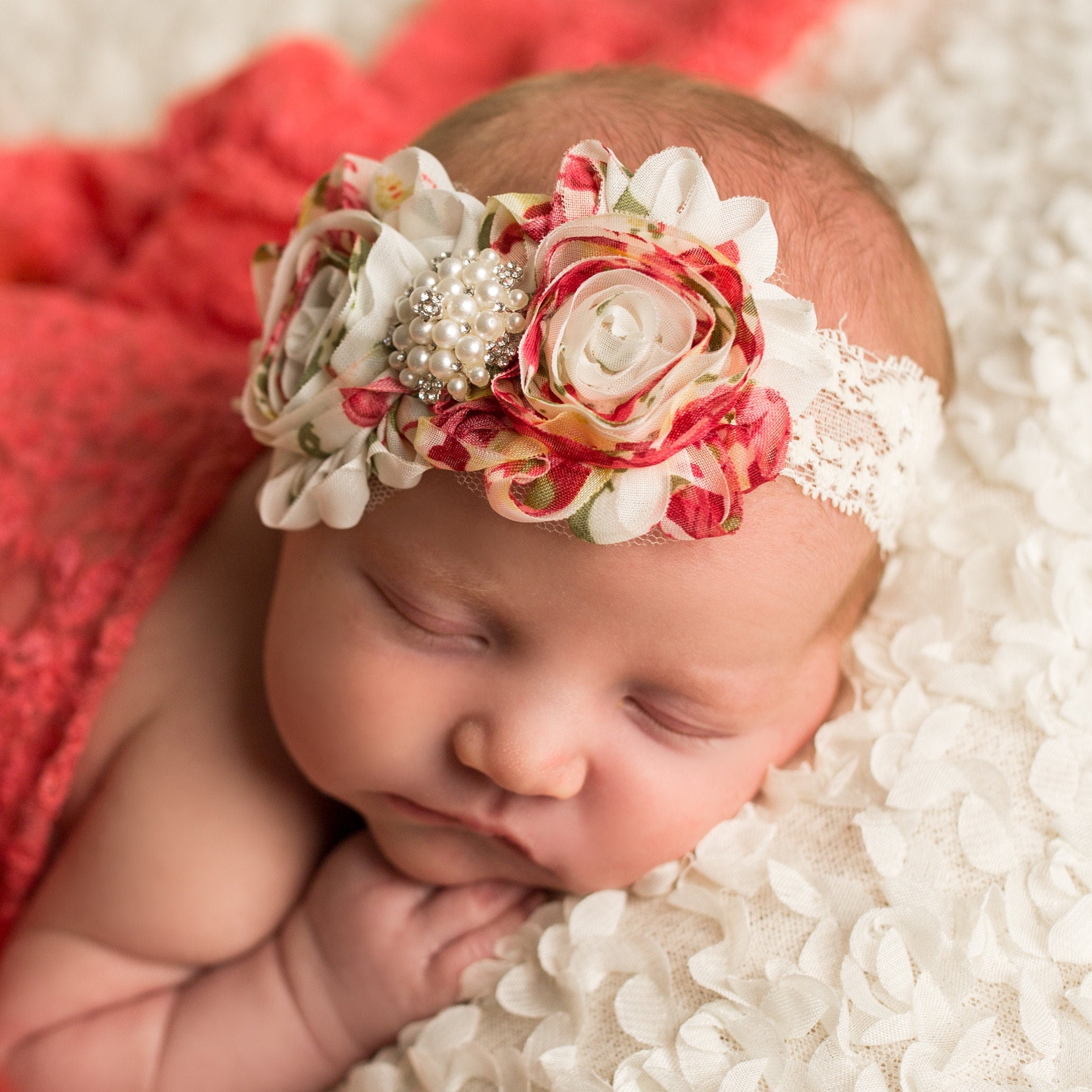 Baby Girl Flower Headband Elastic Hairband Wedding Christening White Ivory Peach 