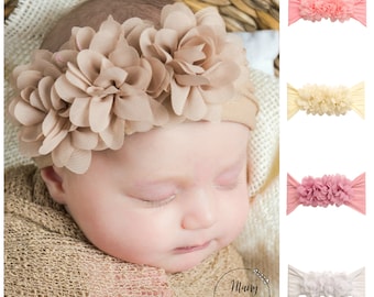 Bandeaux bébé fille choisir la couleur, nœuds pour nouveau-né, turbans pour bébé, turban en nylon pour toute-petite, bandeau bébé Flower TRIO, turban pour bébé fille