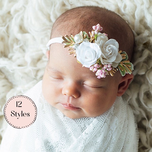White Baby Headband, Flower Girl Headbands, Newborn Bow Headband, Baby Girl Flower Crown, Toddler Hair Clips, Newborn Bows, Baby Photo Prop