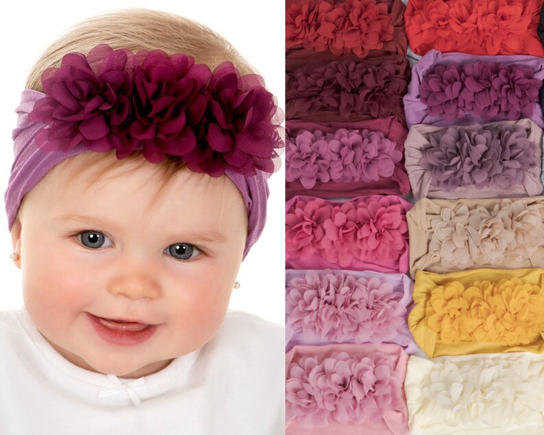 Nylon Baby headband Nylon baby headbands Pink FLOWER TRIO Etsy